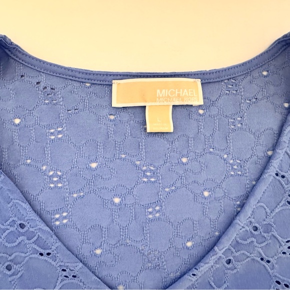 Michael Kors Floral Lace Eyelet Pull Over Blouse Blue Size Large Ruffled Sleeve - Picture 5 of 14